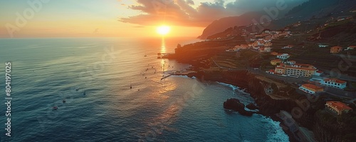 Aerial drone view of Ponta do Sol town during sunset, at the south coast of Madeira island, Portugal. photo