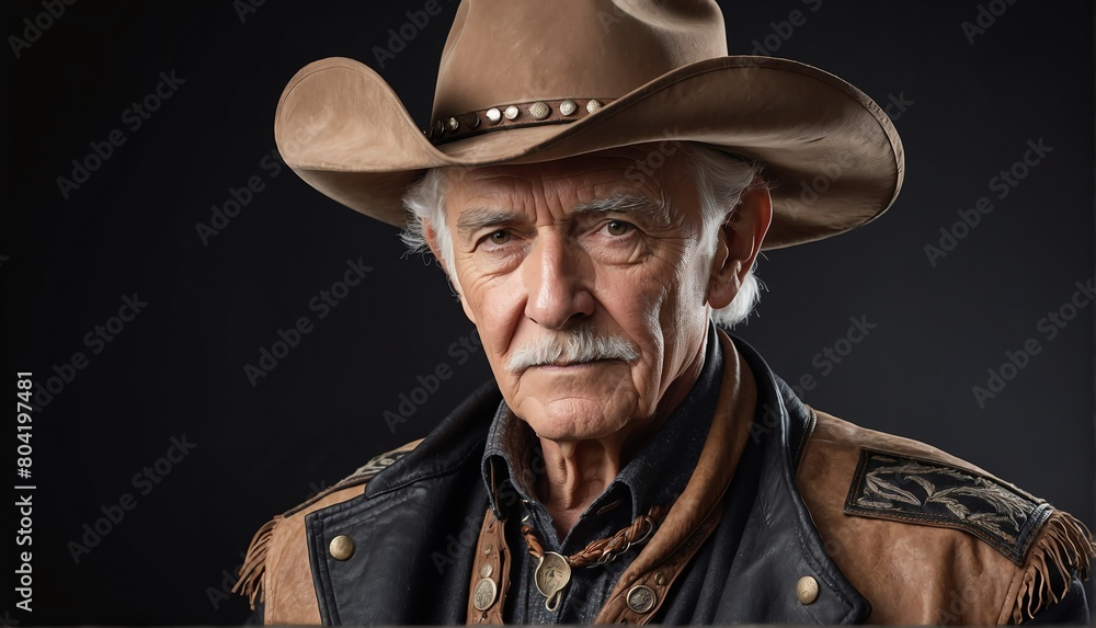 handsome elderly male fashion model on cowboy outfit close-up portrait posing on plain black background from Generative AI