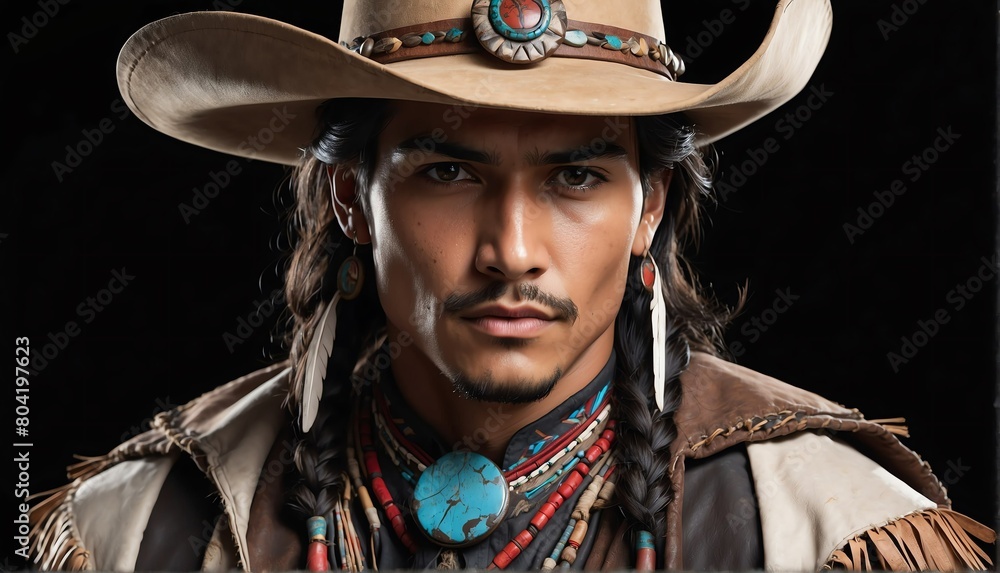Fototapeta premium handsome indigenous male fashion model on cowboy outfit close-up portrait posing on plain black background from Generative AI