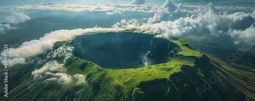 Aerial shot of Mount Aso Crater erupting, Kumamoto Prefecture, Kyushu, Japan.