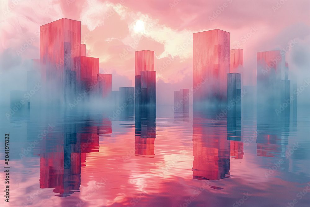 Abstract Futuristic Cityscape Reflection with Vibrant Sunset Sky for Backgrounds and Wallpapers