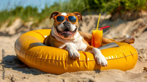 elaxing Bulldog in Sunglasses on Sunny Beach photo