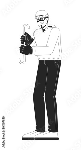 Caucasian man criminal with crowbar black and white 2D line cartoon character. Robber in mask. European male thief isolated vector outline person. Illegal action monochromatic flat spot illustration