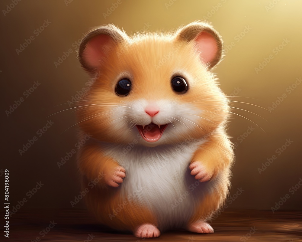 A cute cartoon hamster with big eyes and a happy expression on its face.
