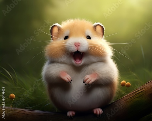 A cute hamster with a big smile on its face is sitting on a tree branch. The hamster is surrounded by green grass and yellow flowers.