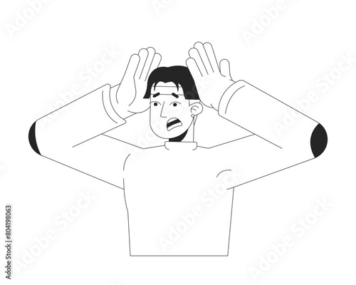 Emotional asian man squeezing head black and white 2D line cartoon character. Korean male with panic attack isolated vector outline person. Mental health issues monochromatic flat spot illustration