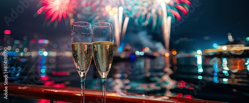 Fireworks viewing cruise aboard a luxury yacht, champagne in hand , professional photography and light