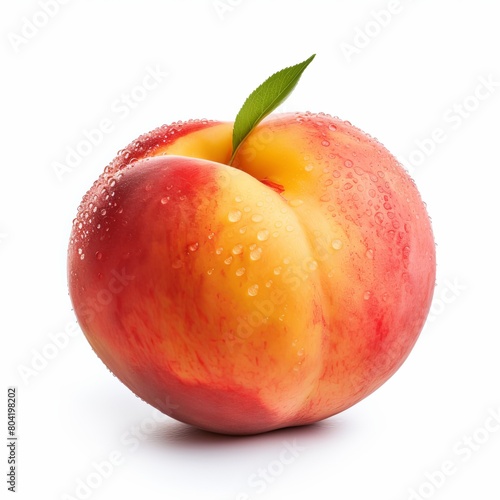 A photo of a peach with water drops on its skin.