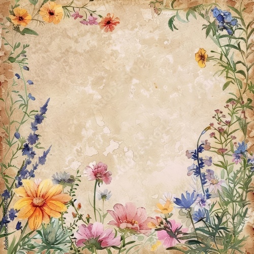 The watercolor border of wildflowers on old paper enhances a business template  blending nature with professionalism  Watercolor Blank frame template Sharpen with large copy space