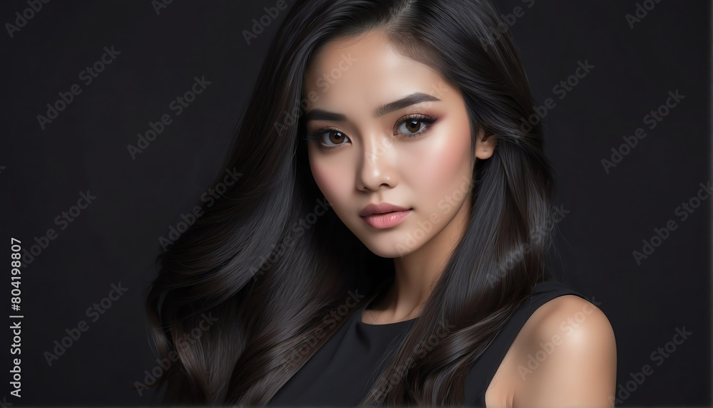 beautiful indonesian female fashion model with flowing long hair close-up portrait posing on plain black background from Generative AI beautiful indonesian female fashion model with flowing long hair close-up portrait posing on plain black background from Generative AI