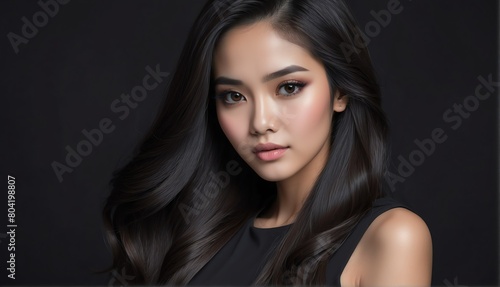 beautiful indonesian female fashion model with flowing long hair close-up portrait posing on plain black background from Generative AI