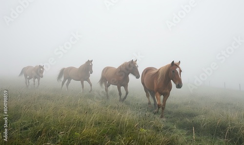 horses in the fog