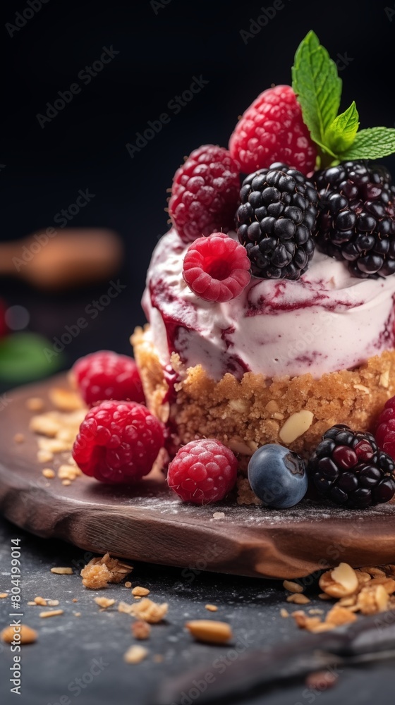 Cupcake with mixed berries and granola on a wooden board against a dark background. Blackberry dessert concept for parties. AI generated Cupcake with mixed berries and granola on a wooden board against a dark background. Blackberry dessert concept for parties. AI generated