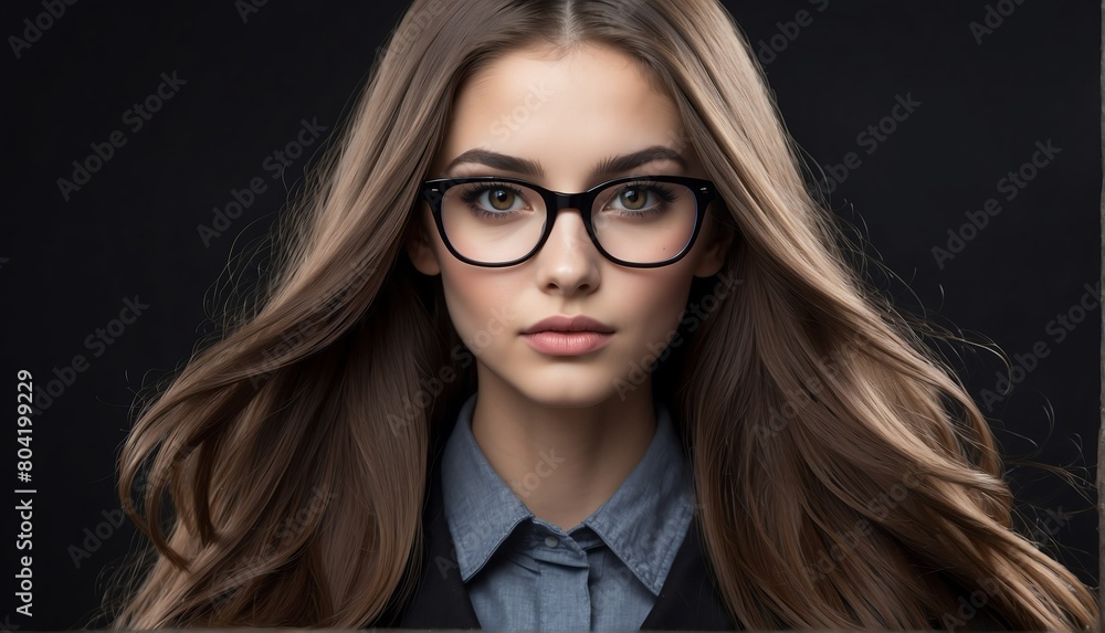 beautiful nerd female fashion model with flowing long hair close-up portrait posing on plain black background from Generative AI beautiful nerd female fashion model with flowing long hair close-up portrait posing on plain black background from Generative AI