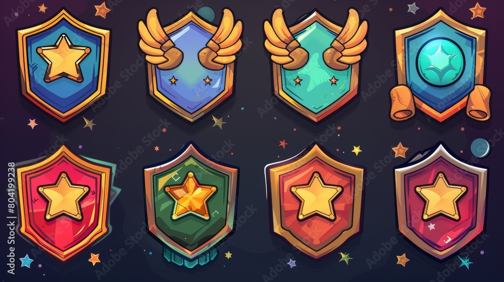 A cartoon set of game rank badges isolated on a dark background. Modern illustration of shiny golden pentagonal medals decorated with stars and wings. Symbol of achievement, achievement award, trophy