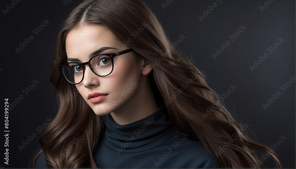 beautiful nerd female fashion model with flowing long hair close-up portrait posing on plain black background from Generative AI beautiful nerd female fashion model with flowing long hair close-up portrait posing on plain black background from Generative AI