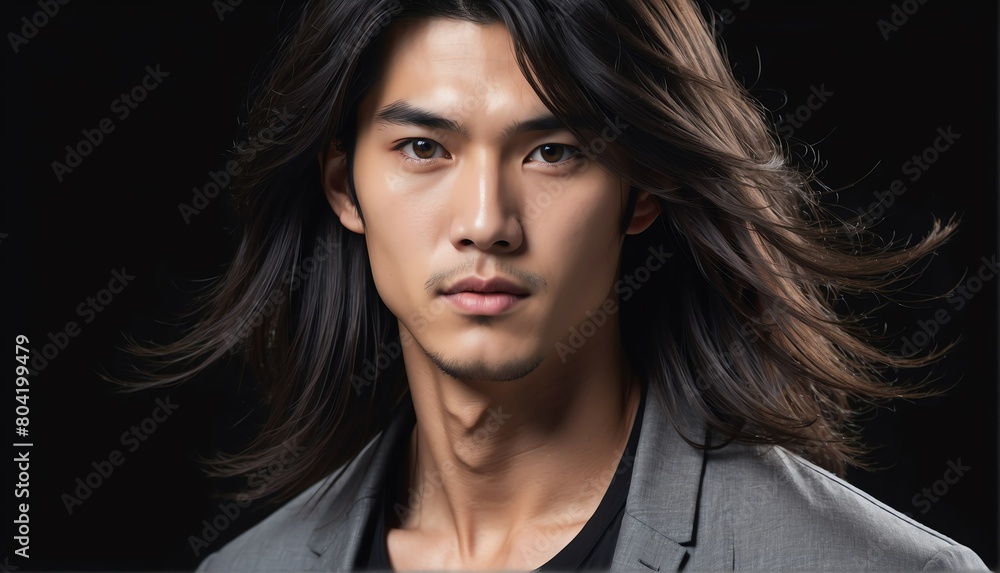 handsome asian male fashion model with flowing long hair close-up portrait posing on plain black background from Generative AI handsome asian male fashion model with flowing long hair close-up portrait posing on plain black background from Generative AI