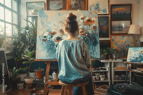 A young female artist seen from behind at home with her paintings