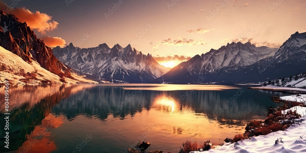 Snow covered mountains beside the lake at sunset
