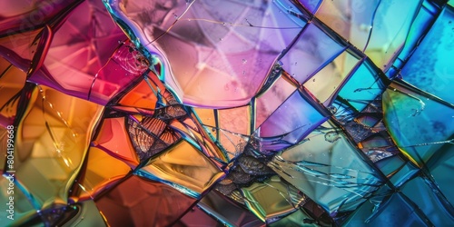 Colorful broken glass  rainbow color reflections  close up photo  