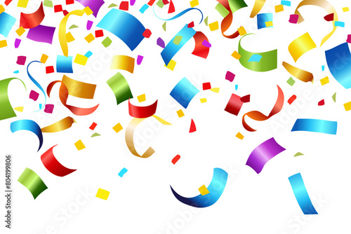 Celebration background with colorful confetti and ribbons. Vector illustration.