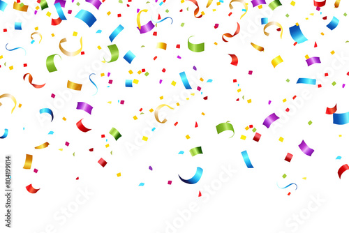 Celebration background with colorful confetti and ribbons.