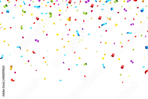 Celebration background with colorful confetti and ribbons. Vector illustration.