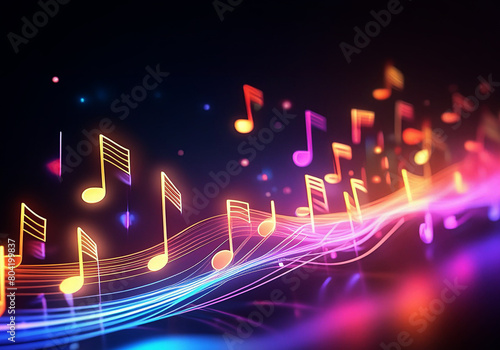 colorful music notes in neon light style with dark background
