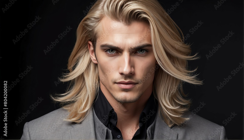 handsome blonde male fashion model with flowing long hair close-up portrait posing on plain black background from Generative AI handsome blonde male fashion model with flowing long hair close-up portrait posing on plain black background from Generative AI