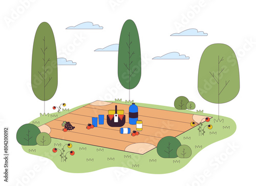 Snacks and drinks on picnic blanket line cartoon flat illustration. Outdoor meal at countryside 2D lineart items isolated on white background. Dinner on park lawn scene vector color image