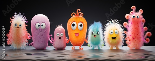 A 3D render of a group of colorful cartoon bacteria monster characters