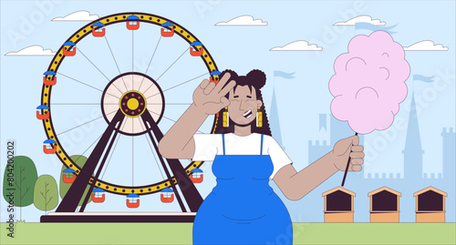 Plus sized latina woman visiting amusement park cartoon flat illustration. Positive curvy female holding cotton candy 2D line character colorful background. Lifestyle scene vector storytelling image