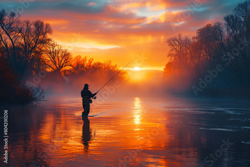 A man standing in a river flyfishing at dawn