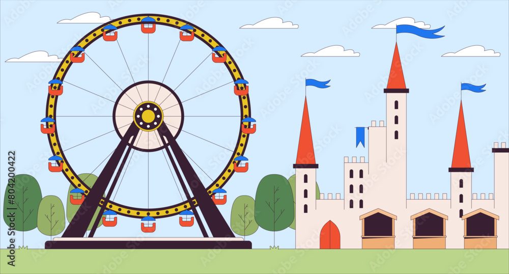 Amusement park attractions cartoon flat illustration. Ferris wheel and fairy tale castle 2D line landscape colorful background. Theme park for children and adults scene vector storytelling image