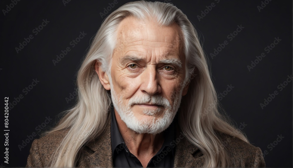 handsome elderly male fashion model with flowing long hair close-up portrait posing on plain black background from Generative AI