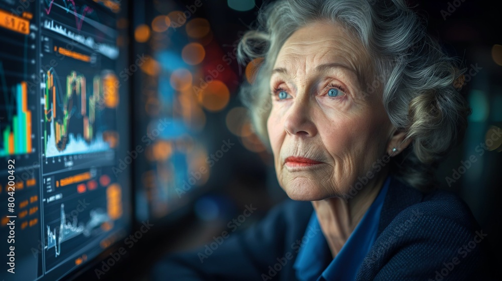 Elderly woman analyzing stock market trends, intense focus, financial monitoring at night Elderly woman analyzing stock market trends, intense focus, financial monitoring at night