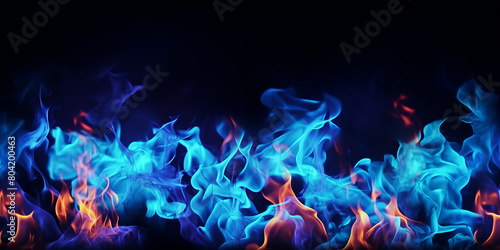 exture of blue fire on black background, Flame, blue fire with smoke on dark background. black walls and smoke. Abstract dark glitter fire particles lights. fire in motion blur. photo