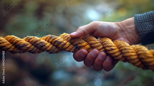 Close-up of hands gripping a thick rope, detailed texture, outdoor team building concept