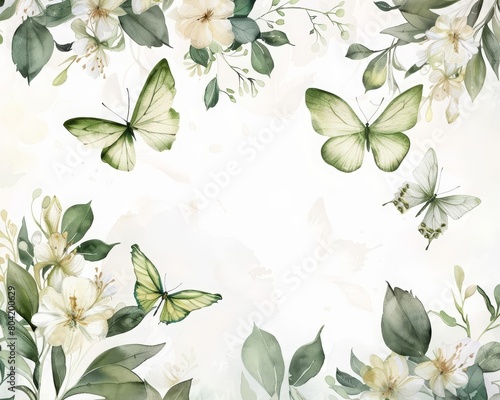 Wallpaper Mural This botanical template features green butterflies dancing amid delicate white florals Torontodigital.ca