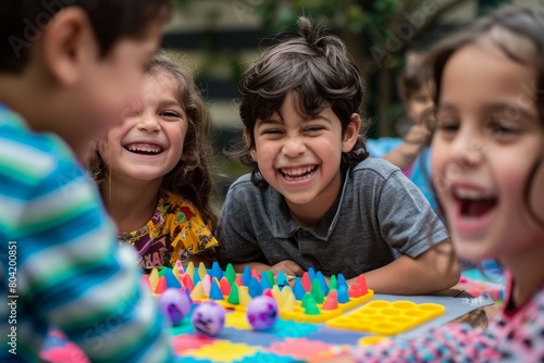 Group of diverse children joyfully sitting around a colorful birthday cake with lit candles, celebrating a special occasion together