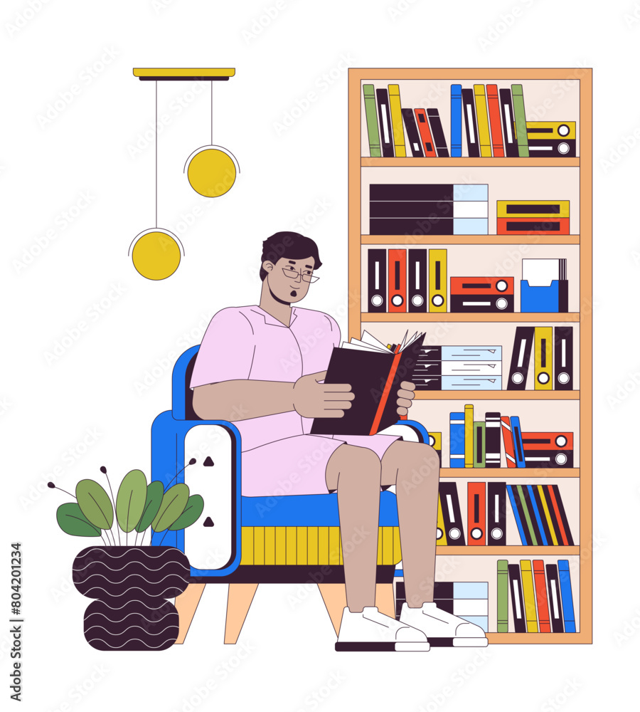 Obese arab man reading book at home line cartoon flat illustration. Plus sized middle eastern male in library 2D lineart character isolated on white background. Body positive scene vector color image
