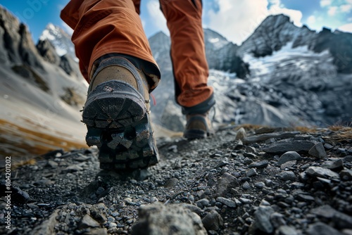 A person in hiking boots walking on a rocky trail with mountains in the distance