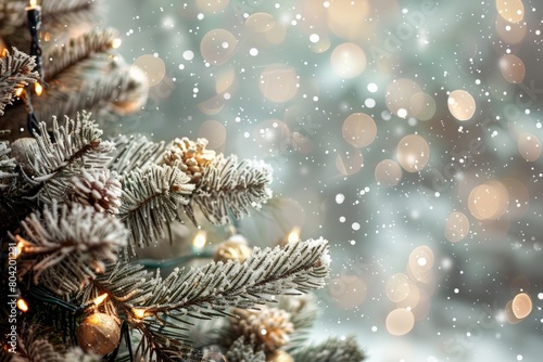 Detailed view of a snow-covered Christmas tree decorated with twinkling lights and ornaments