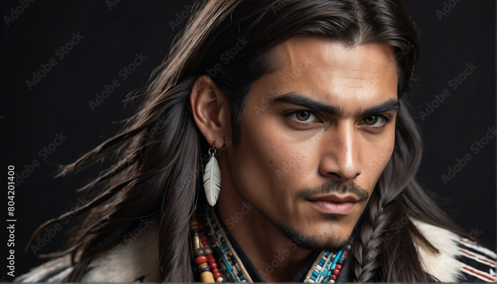 handsome indigenous male fashion model with flowing long hair close-up portrait posing on plain black background from Generative AI handsome indigenous male fashion model with flowing long hair close-up portrait posing on plain black background from Generative AI