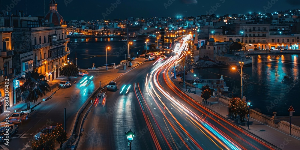 Aerial view of Gzira at night with glittering city lights and busy roads,