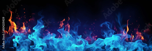 exture of blue fire on black background  Flame  blue fire with smoke on dark background. black walls and smoke. Abstract dark glitter fire particles lights. fire in motion blur.