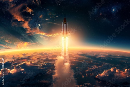 A space shuttle is seen soaring through the sky, ascending into the atmosphere against a backdrop of colorful sunrise