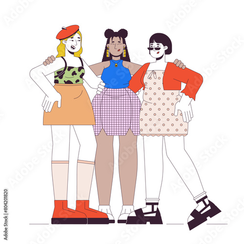 Diverse plus sized women in stylish clothes 2D linear cartoon characters. Curvy female friends hugging isolated line vector people white background. Body positive fashion color flat spot illustration