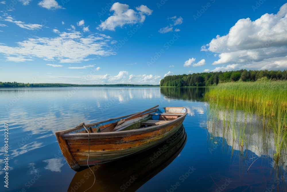 A small boat calmly glides atop the lakes surface, reflecting the vastness of the serene waters and surrounding landscape