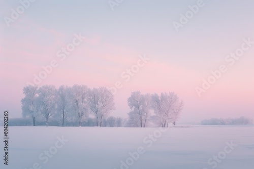 A wide-angle shot of a snowy field at dusk, with trees in the distance and soft pastel hues painting the sky